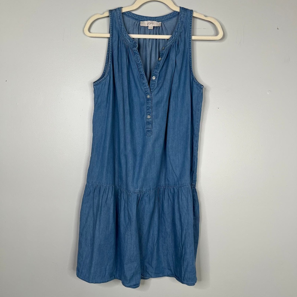 LOFT Chambray Denim Drop Waist Popover Cotton Blend Tank Dress Size Medium